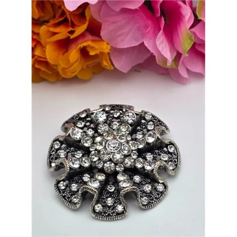 Premier Designs Rhinestone Flower Brooch Silver Tone Blackened Finish 60mm
